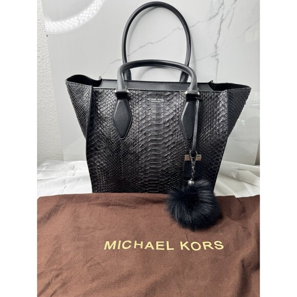 RARE 2015 Michael Kors GRACIE Large Genuine Python Leather Tote Graphite/Black - Picture 2 of 16